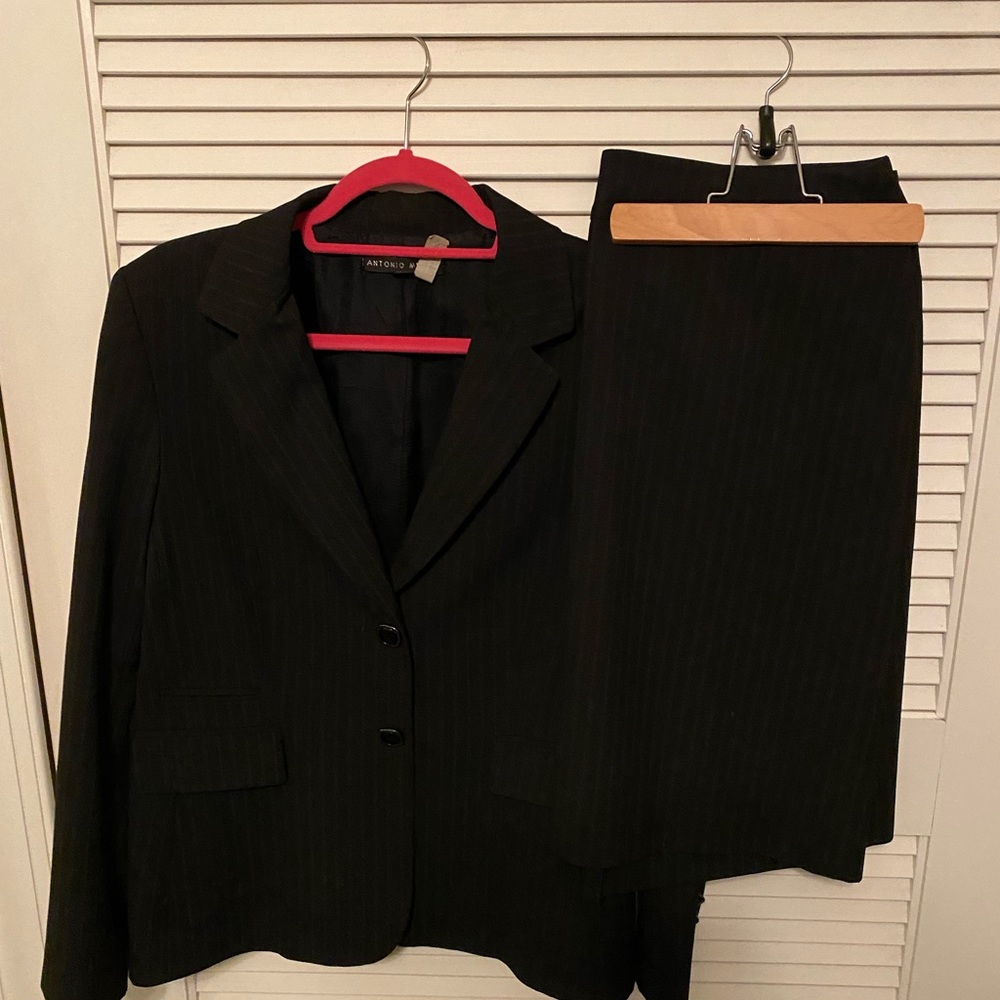 Antonio Melani pinstripe black blazer with matching shirt.